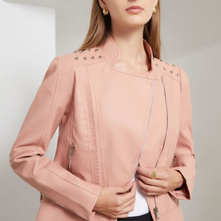 Women Faux Leather Jacket Fall and Spring Casual PU Slim Coat