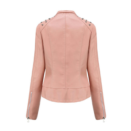 Women Faux Leather Jacket Fall and Spring Casual PU Slim Coat