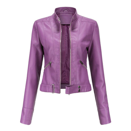 Women's Faux Leather Jacket Moto Biker Jacket Short Slim Coat