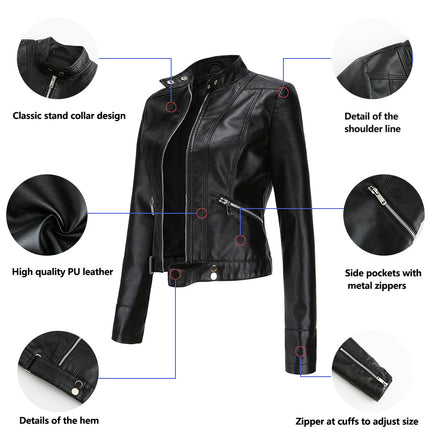 Women's Faux Leather Jacket Moto Biker Jacket Short Slim Coat