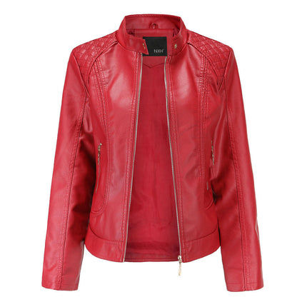 Faux Leather Jacket For Women Short PU Slim Zip Up Moto Biker Coat