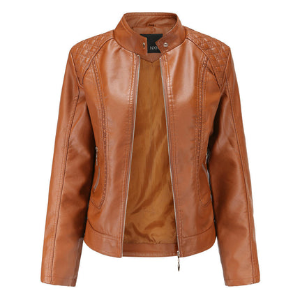 Faux Leather Jacket For Women Short PU Slim Zip Up Moto Biker Coat