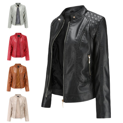 Faux Leather Jacket For Women Short PU Slim Zip Up Moto Biker Coat