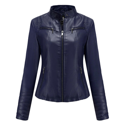 Women's Faux Leather Motorcycle Jacket PU Slim Short Biker Coat