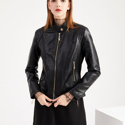 Faux Leather Jacket For Women Short PU Slim Zip Up Moto Biker Coat