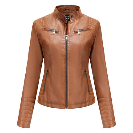 Women's Faux Leather Motorcycle Jacket PU Slim Short Biker Coat