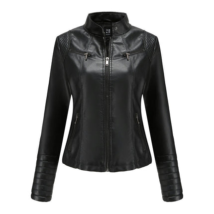 Women's Faux Leather Motorcycle Jacket PU Slim Short Biker Coat