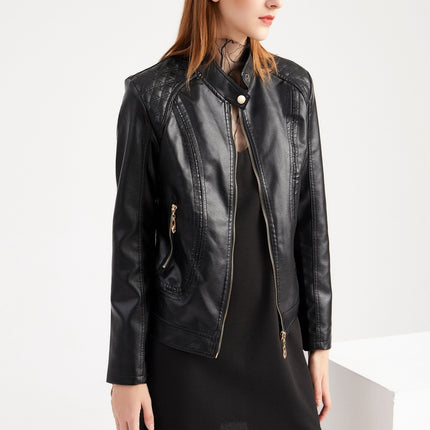 Faux Leather Jacket For Women Short PU Slim Zip Up Moto Biker Coat