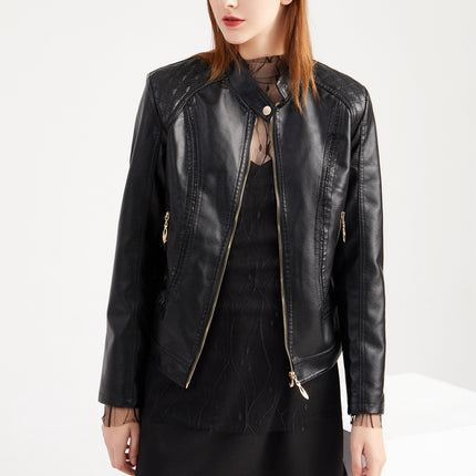 Faux Leather Jacket For Women Short PU Slim Zip Up Moto Biker Coat