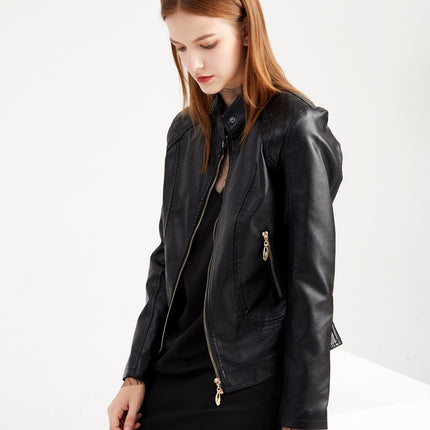 Faux Leather Jacket For Women Short PU Slim Zip Up Moto Biker Coat