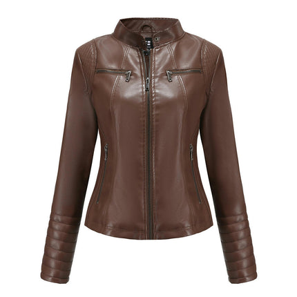 Women's Faux Leather Motorcycle Jacket PU Slim Short Biker Coat