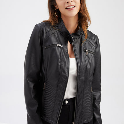 Women's Faux Leather Jacket Stand Collar Zip Up Outwear Slim Fit Biker Coat Moto Jacket