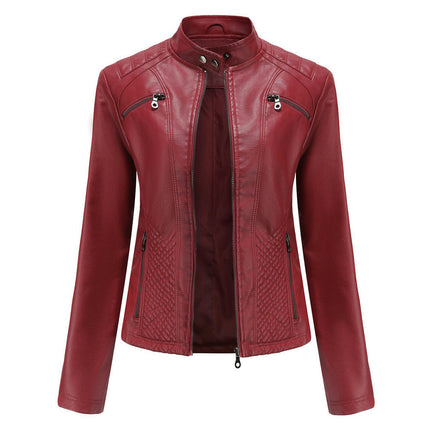 Women's Faux Leather Jacket Stand Collar Zip Up Outwear Slim Fit Biker Coat Moto Jacket