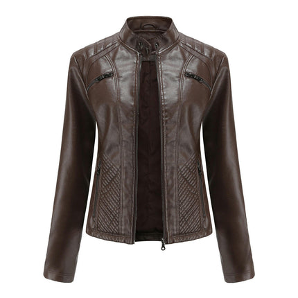 Women's Faux Leather Jacket Stand Collar Zip Up Outwear Slim Fit Biker Coat Moto Jacket