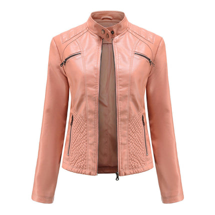 Women's Faux Leather Jacket Stand Collar Zip Up Outwear Slim Fit Biker Coat Moto Jacket