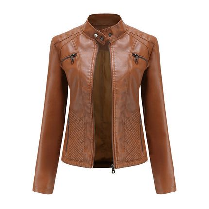 Women's Faux Leather Jacket Stand Collar Zip Up Outwear Slim Fit Biker Coat Moto Jacket