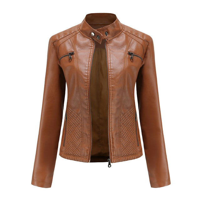 Women's Faux Leather Jacket Stand Collar Zip Up Outwear Slim Fit Biker Coat Moto Jacket