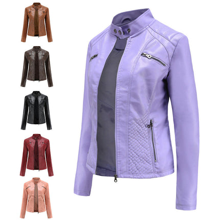 Women's Faux Leather Jacket Stand Collar Zip Up Outwear Slim Fit Biker Coat Moto Jacket