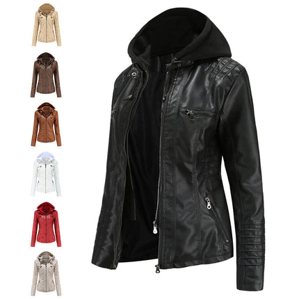 Women's Faux Leather Jacket Motorcycle Coat with Removable Hood-A2