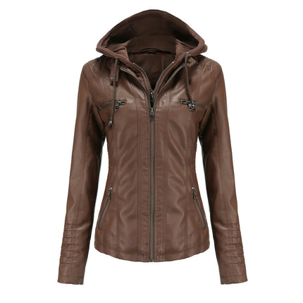 Women's Faux Leather Jacket Motorcycle Coat with Removable Hood-A2