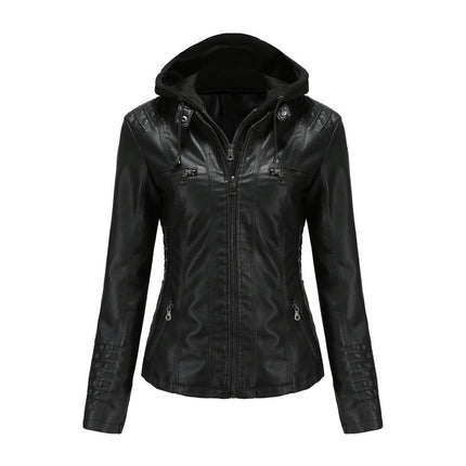 Women's Faux Leather Jacket Motorcycle Coat with Removable Hood-A2