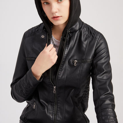 Women's Faux Leather Jacket Motorcycle Coat with Removable Hood-A2