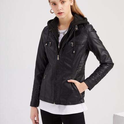 Women's Faux Leather Jacket Motorcycle Coat with Removable Hood-A2