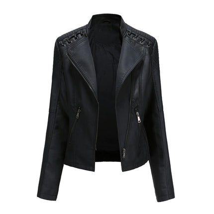 Women's Faux Leather Motorcycle Jacket Slim Short Biker PU Coat