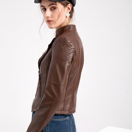 Women's Faux Leather Motorcycle Jacket Slim Short Biker PU Coat