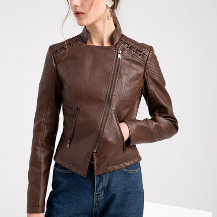 Women's Faux Leather Motorcycle Jacket Slim Short Biker PU Coat