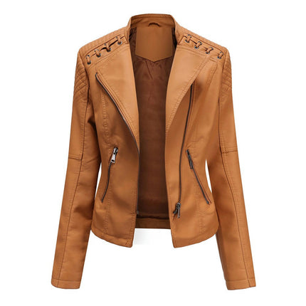 Women's Faux Leather Motorcycle Jacket Slim Short Biker PU Coat