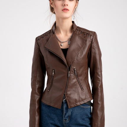 Women's Faux Leather Motorcycle Jacket Slim Short Biker PU Coat