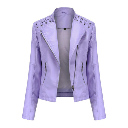 Women's Faux Leather Motorcycle Jacket Slim Short Biker PU Coat