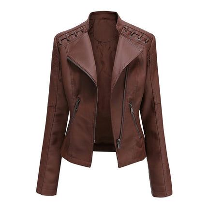 Women's Faux Leather Motorcycle Jacket Slim Short Biker PU Coat