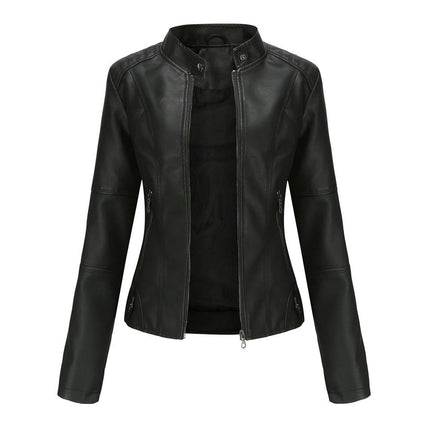 Women Faux Leather Moto Biker Shirts Slim Fit Long Sleeves Casual Jacket