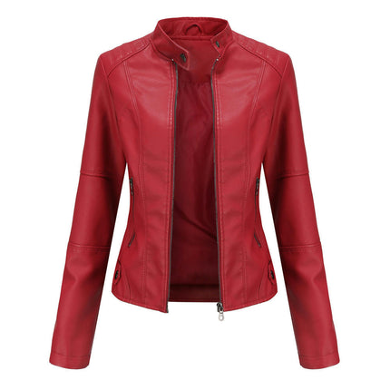 Women Faux Leather Moto Biker Shirts Slim Fit Long Sleeves Casual Jacket