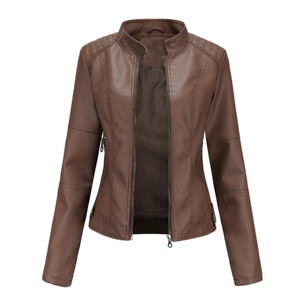 Women Faux Leather Moto Biker Shirts Slim Fit Long Sleeves Casual Jacket