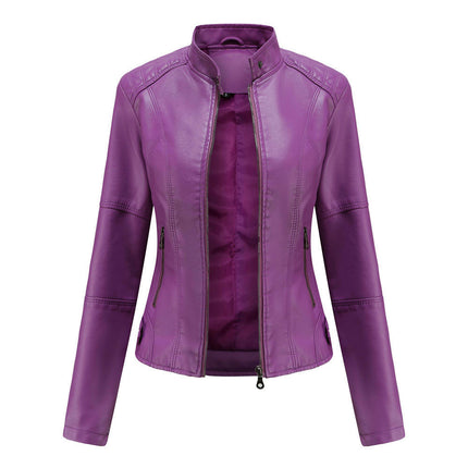 Women Faux Leather Moto Biker Shirts Slim Fit Long Sleeves Casual Jacket