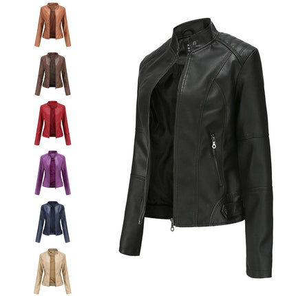 Women Faux Leather Moto Biker Shirts Slim Fit Long Sleeves Casual Jacket