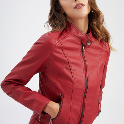 Women Faux Leather Moto Biker Shirts Slim Fit Long Sleeves Casual Jacket