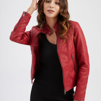 Women Faux Leather Moto Biker Shirts Slim Fit Long Sleeves Casual Jacket