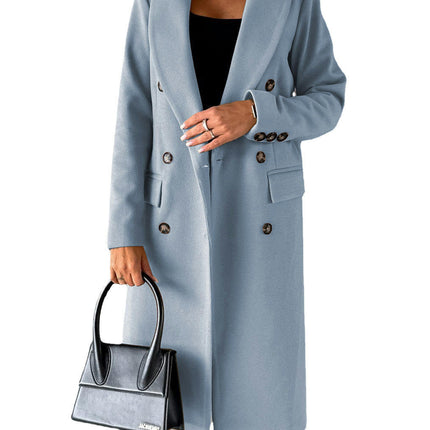 Women's Basic Designed Notch Lapel Double Breasted Mid-Long Pea Coat