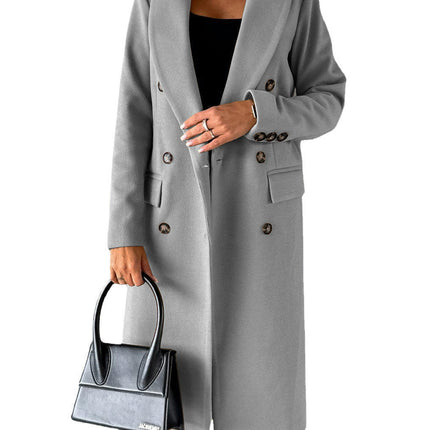 Women's Basic Designed Notch Lapel Double Breasted Mid-Long Pea Coat