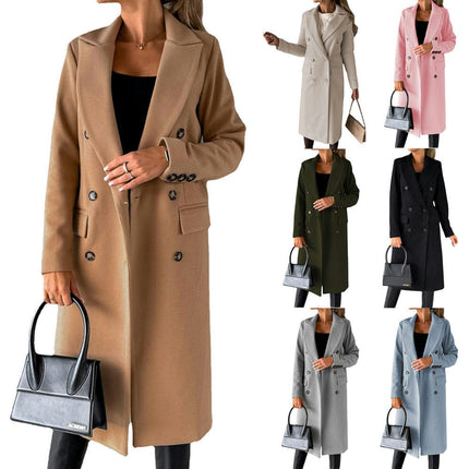 Women's Basic Designed Notch Lapel Double Breasted Mid-Long Pea Coat