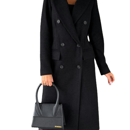 Women's Basic Designed Notch Lapel Double Breasted Mid-Long Pea Coat