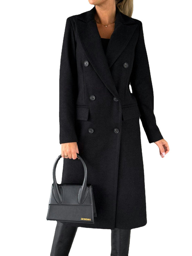 Women's Basic Designed Notch Lapel Double Breasted Mid-Long Pea Coat