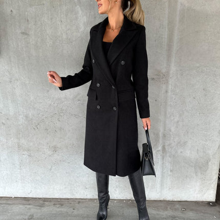 Women's Basic Designed Notch Lapel Double Breasted Mid-Long Pea Coat