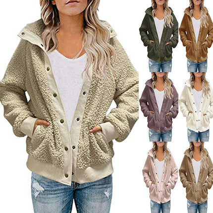 Women's Winter Long Sleeve Button Sherpa Pockets Warm Fleece Jacket Coat