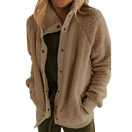 Women's Winter Long Sleeve Button Sherpa Pockets Warm Fleece Jacket Coat