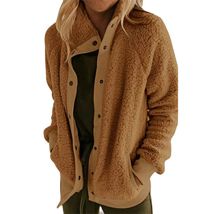 Women's Winter Long Sleeve Button Sherpa Pockets Warm Fleece Jacket Coat